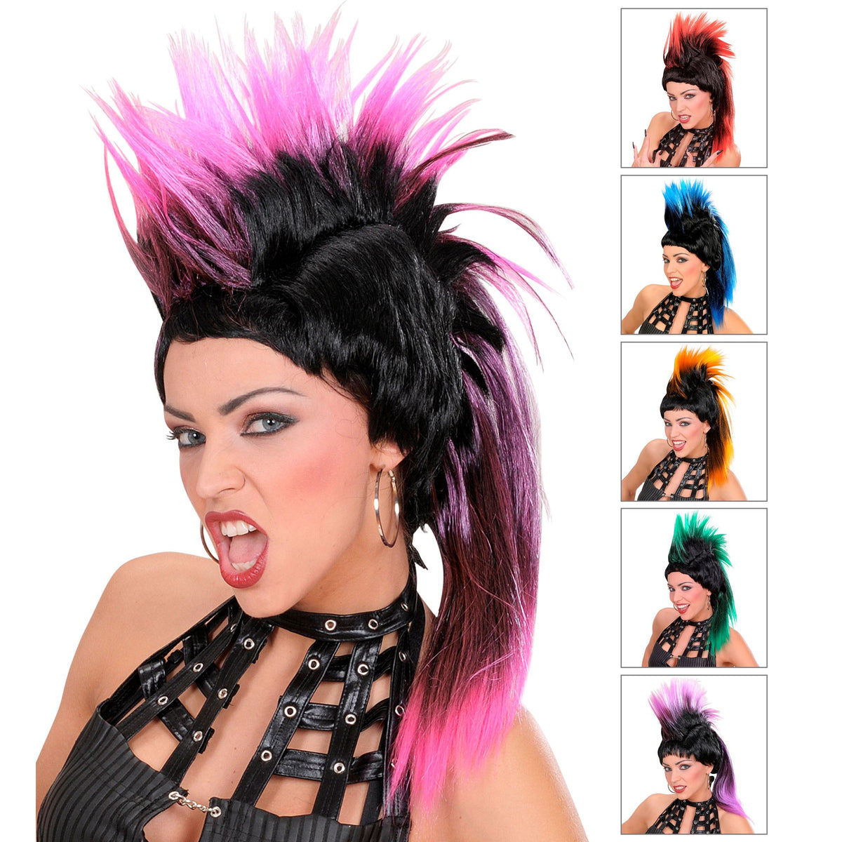 "PERÜCKE PUNK MIT PFERDESCHWANZ" in Polybag - in 6 Farben sort.: rot, blau, rosa, lila, orange, grün – Vorderansicht