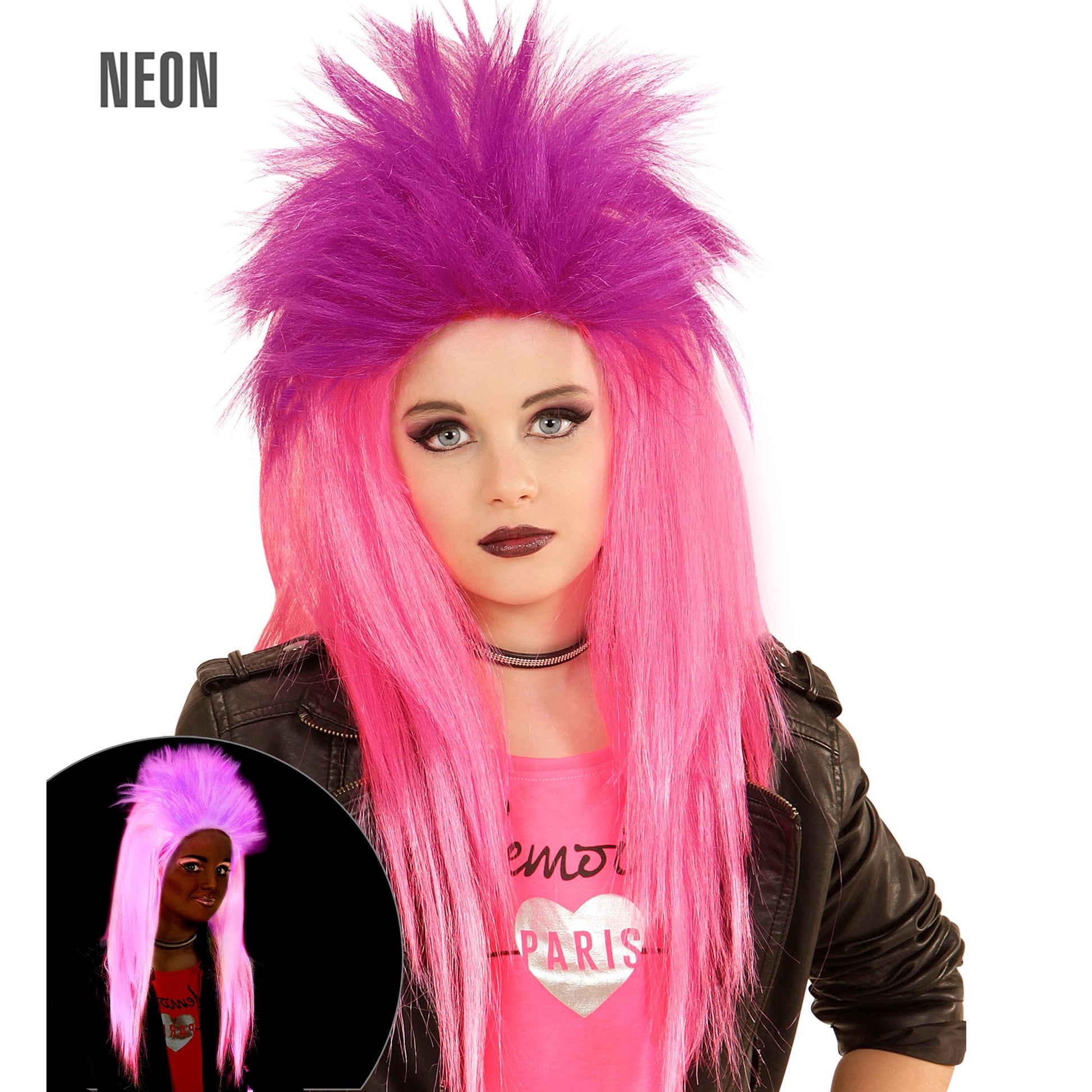 "PERÜCKE PUNKADELIC NEON PINK UND VIOLETT" in Polybag – Vorderansicht