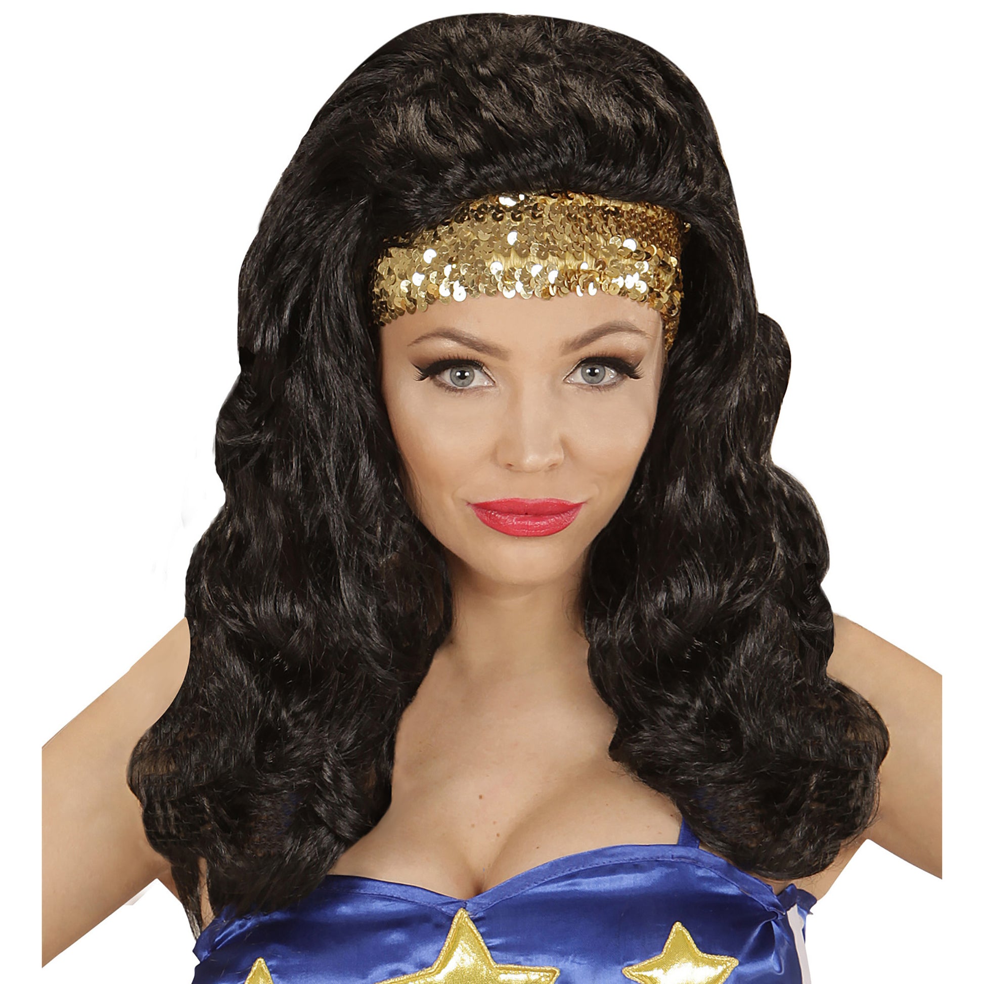 "PERÜCKE SUPER HERO GIRL MIT SEQUINSTIRNBAND" in Box – Vorderansicht