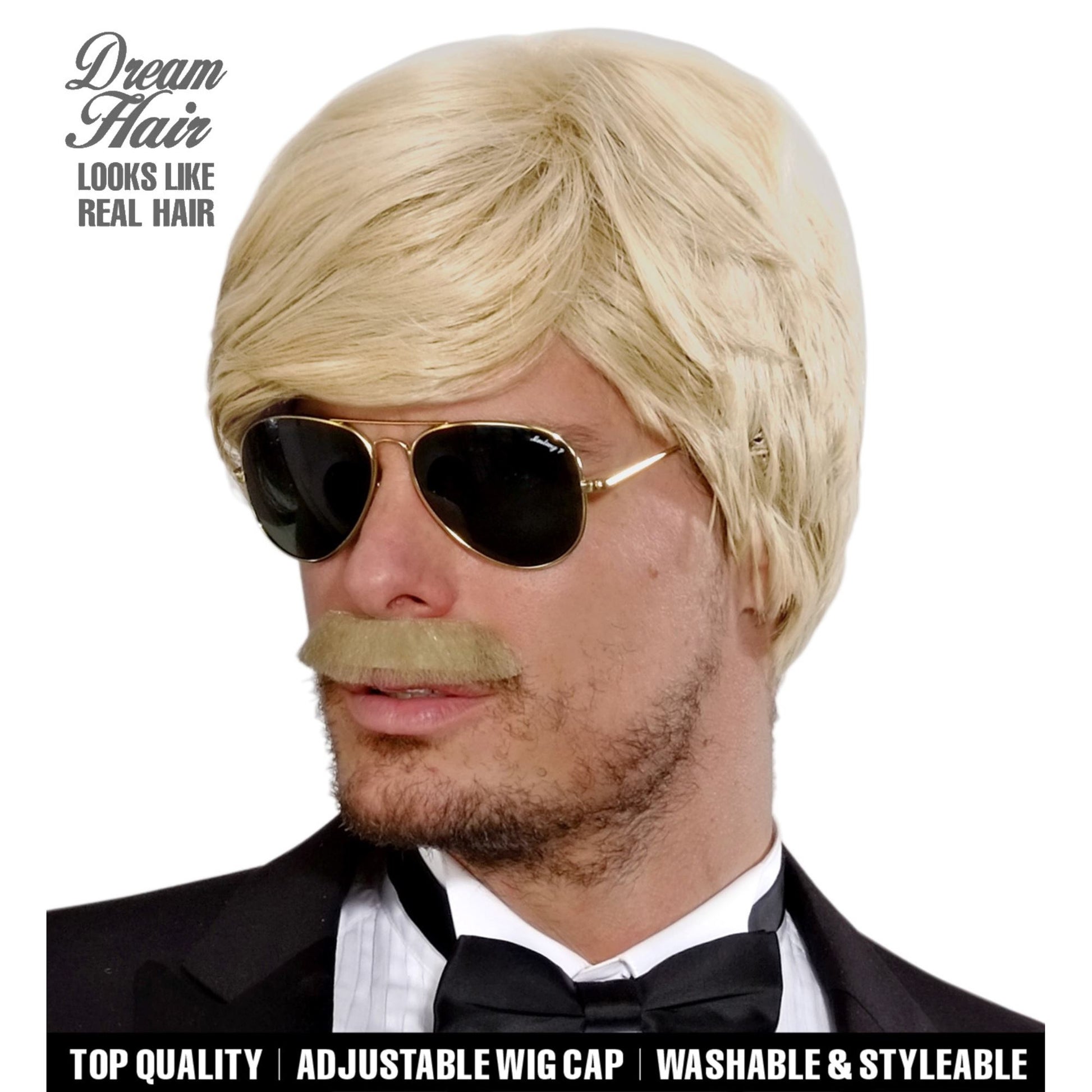 "PERÜCKE UND SCHNURRBART DREAM HAIR PLAYBOY BLOND" in farbiger Box – Vorderansicht