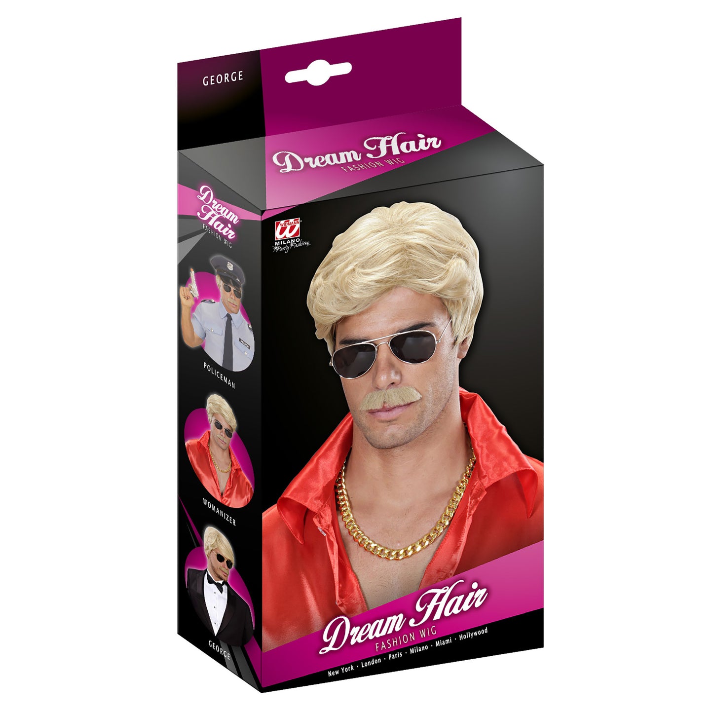 "PERÜCKE UND SCHNURRBART DREAM HAIR PLAYBOY BLOND" in farbiger Box – Detailansicht