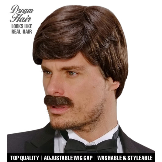 "PERÜCKE UND SCHNURRBART DREAM HAIR PLAYBOY BRAUN" in farbiger Box – Vorderansicht