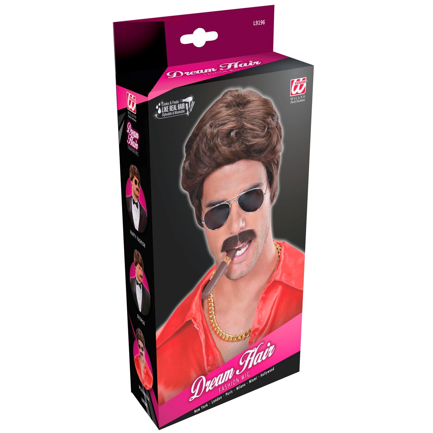"PERÜCKE UND SCHNURRBART DREAM HAIR PLAYBOY BRAUN" in farbiger Box – Detailansicht
