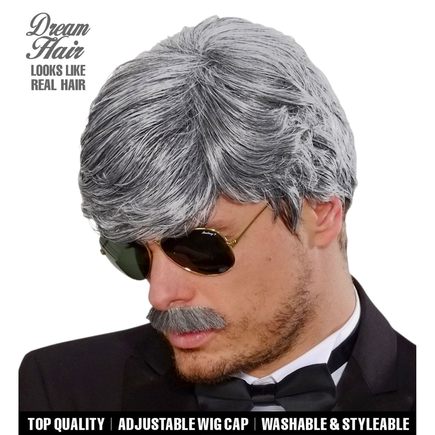 "PERÜCKE UND SCHNURRBART DREAM HAIR PLAYBOY GRAU" in farbiger Box – Vorderansicht