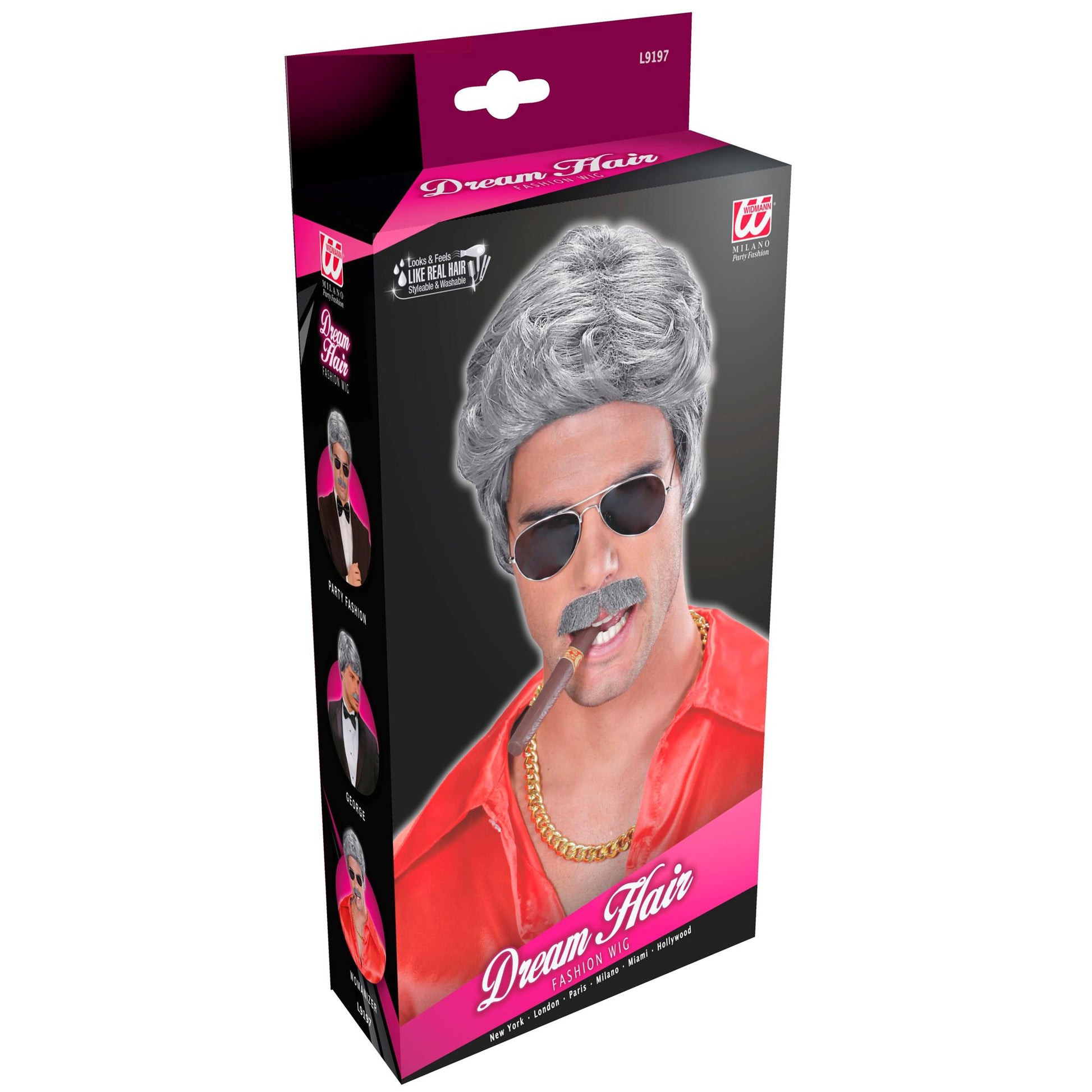 "PERÜCKE UND SCHNURRBART DREAM HAIR PLAYBOY GRAU" in farbiger Box – Detailansicht