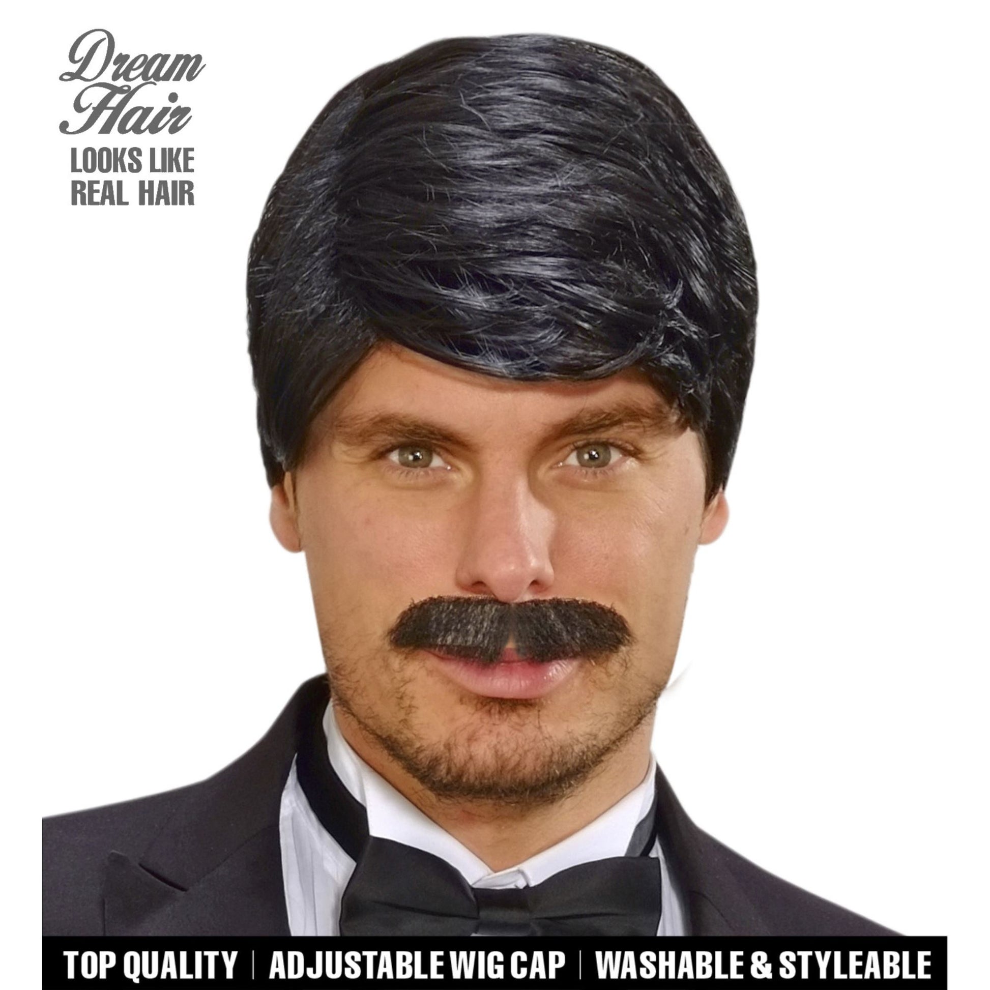 "PERÜCKE UND SCHNURRBART DREAM HAIR PLAYBOY SCHWARZ" in farbiger Box – Vorderansicht