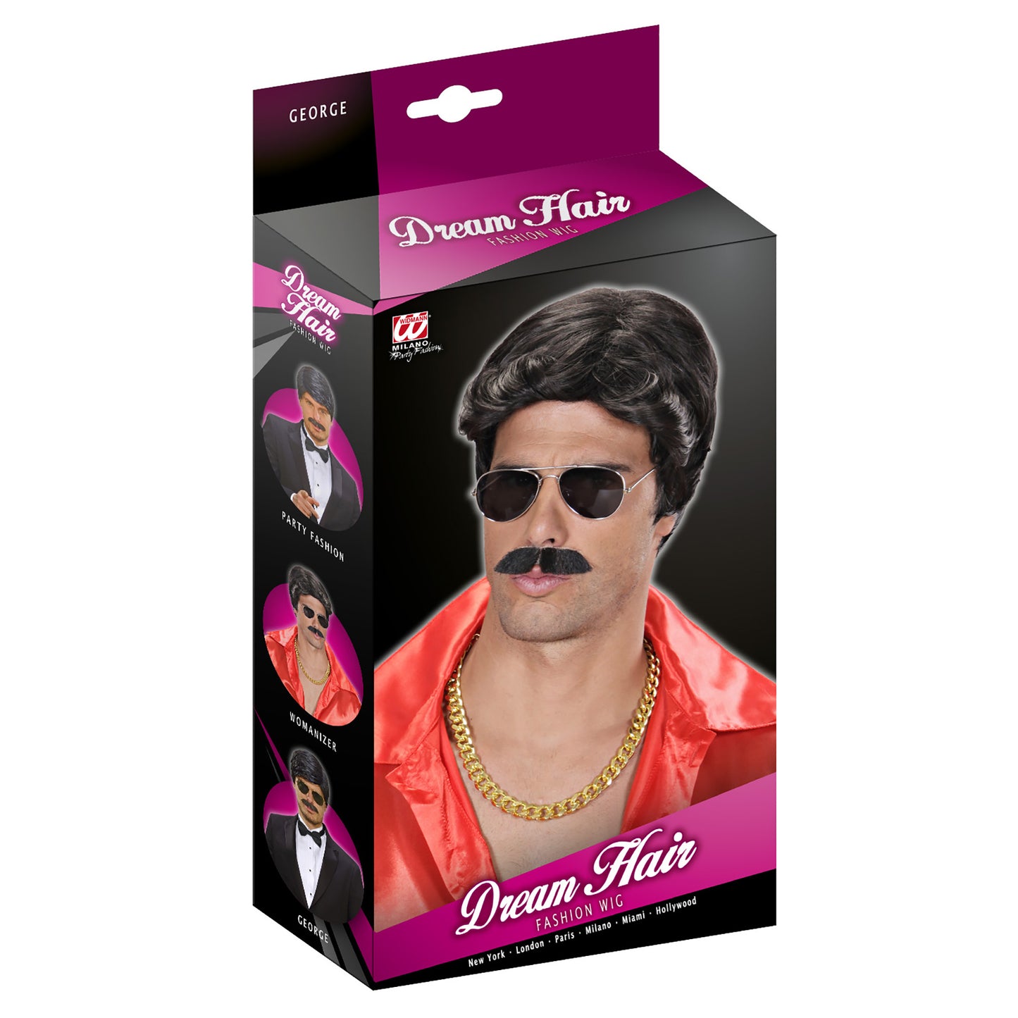 "PERÜCKE UND SCHNURRBART DREAM HAIR PLAYBOY SCHWARZ" in farbiger Box – Detailansicht