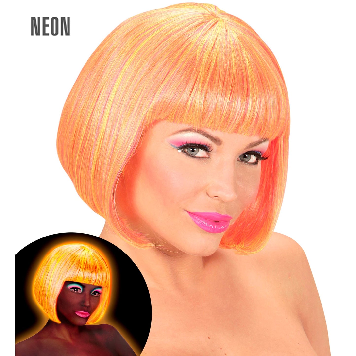 "PERÜCKE VALENTINA NEONPINK & NEONGELB" in Box – Vorderansicht