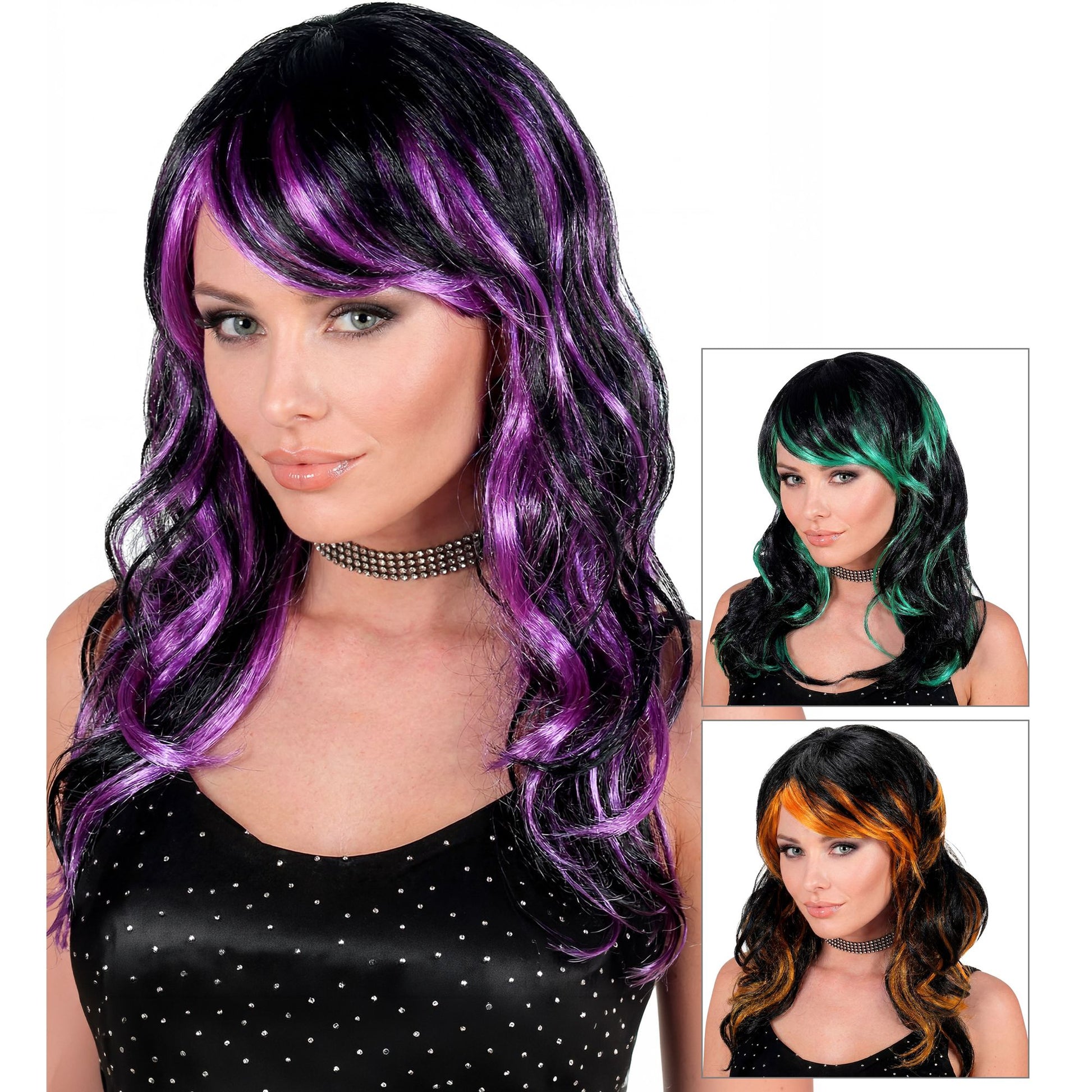 "PERÜCKE WAVY MIT STRÄHNEN" in Polybag - in 3 Farben sort.: lila, grün, orange – Vorderansicht