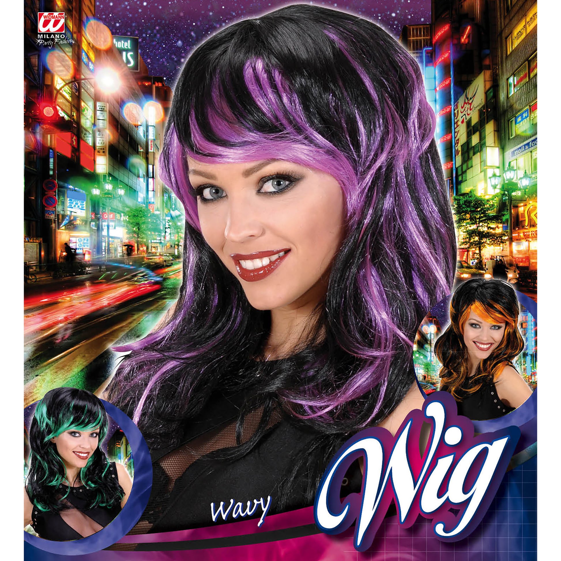 "PERÜCKE WAVY MIT STRÄHNEN" in Polybag - in 3 Farben sort.: lila, grün, orange – Detailansicht