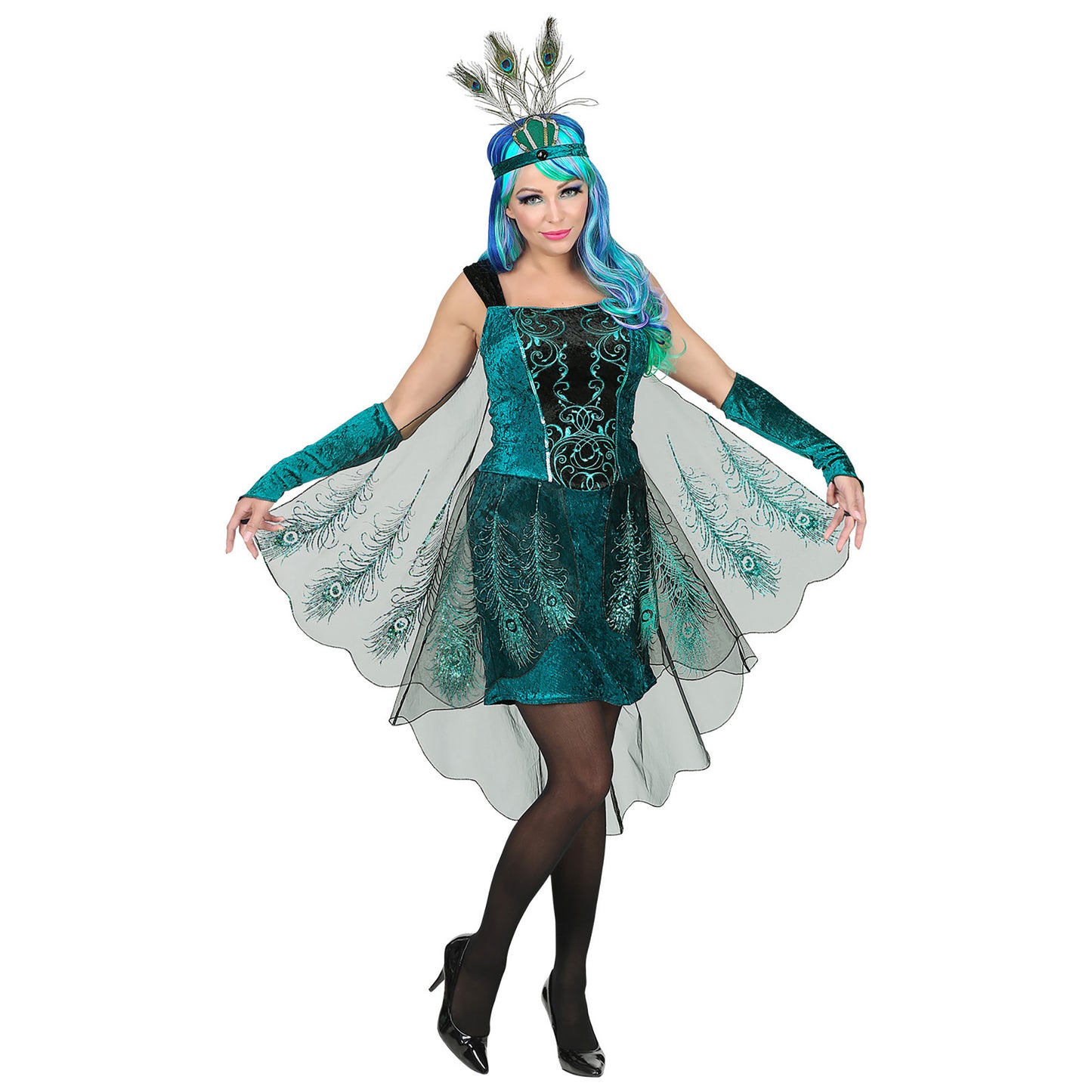 "PFAU" (Kleid mit Pfauenfeder Schleier, Armstulpen, Kopfschmuck) – Vorderansicht