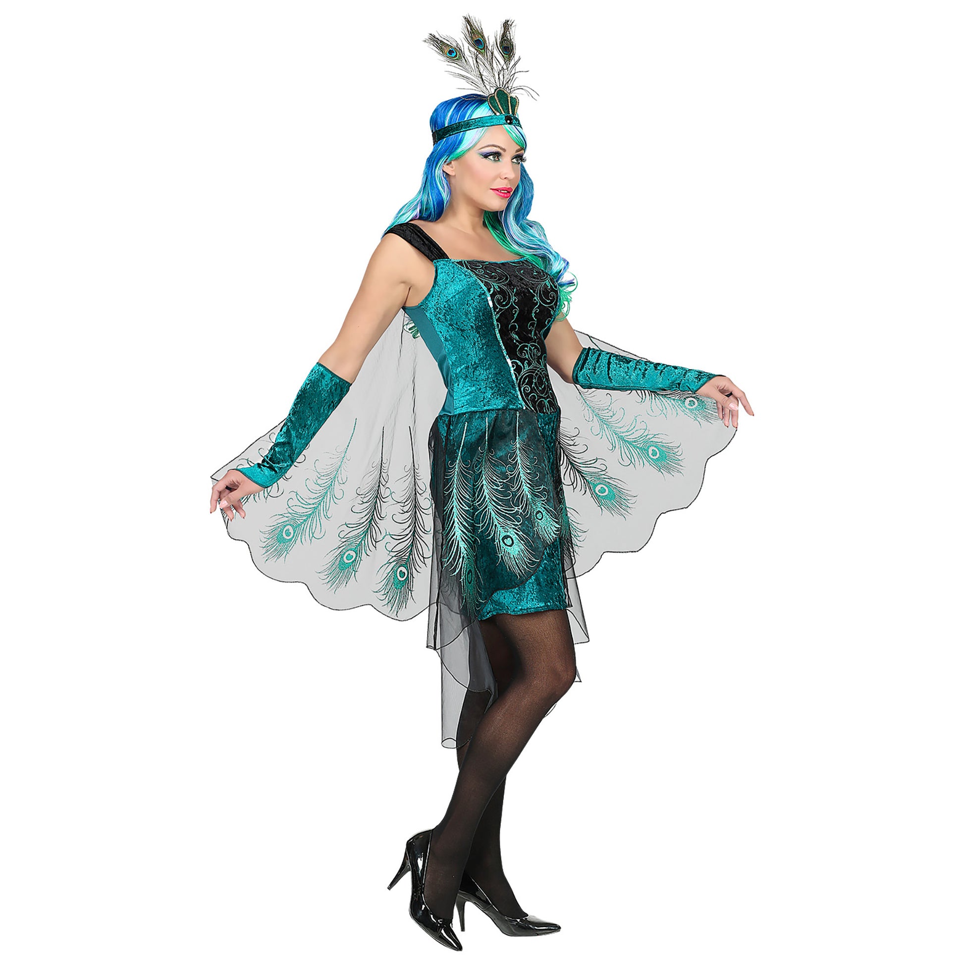 "PFAU" (Kleid mit Pfauenfeder Schleier, Armstulpen, Kopfschmuck) – Detailansicht