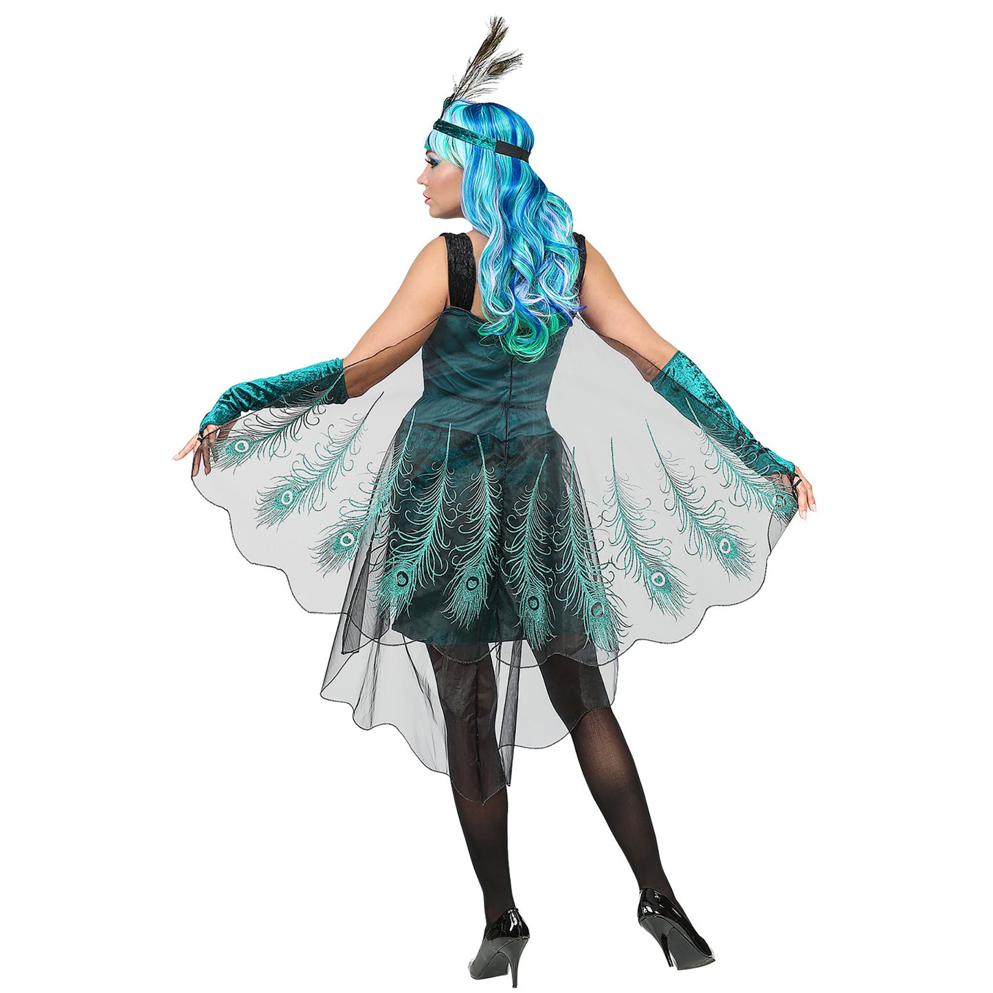 "PFAU" (Kleid mit Pfauenfeder Schleier, Armstulpen, Kopfschmuck) – Ansicht 3
