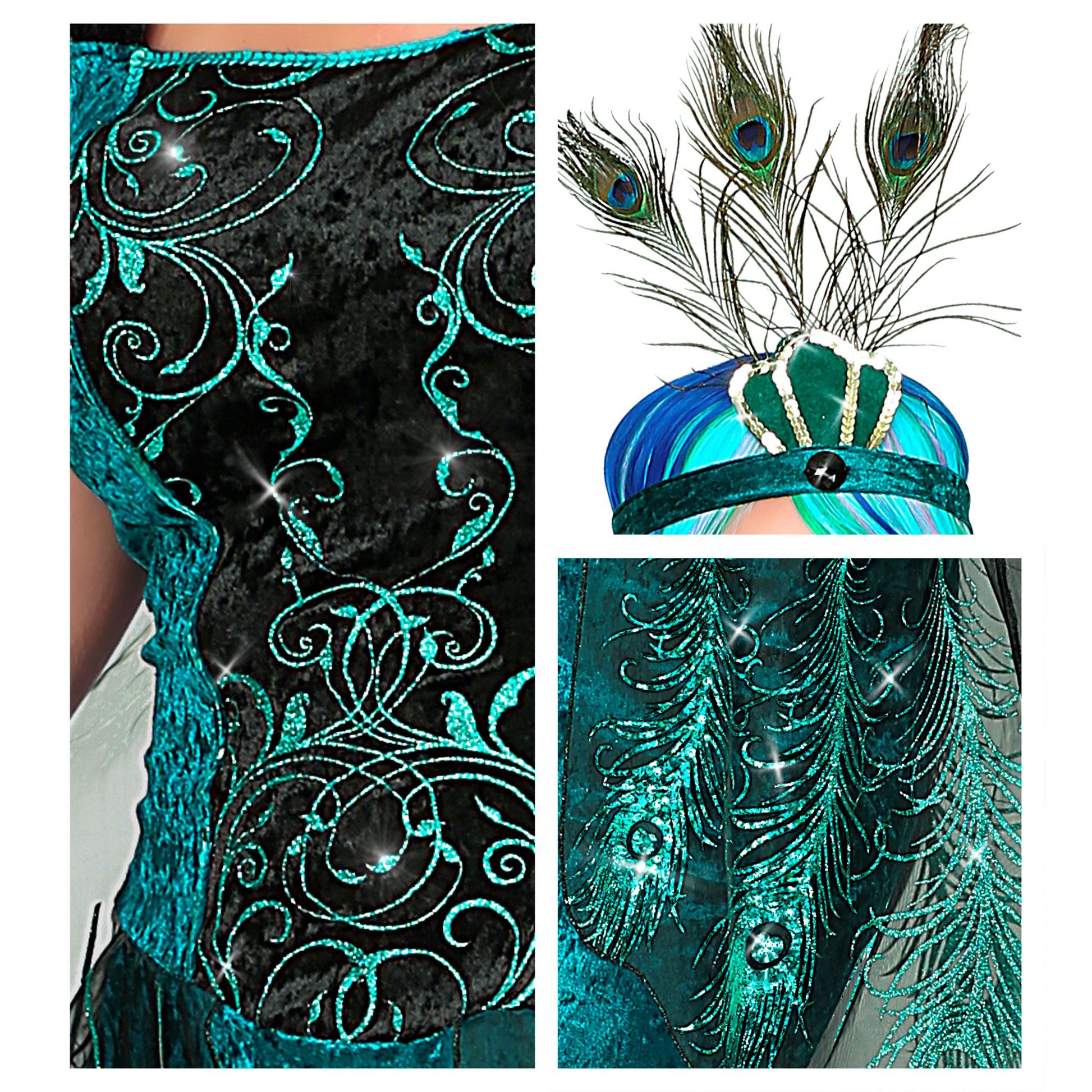 "PFAU" (Kleid mit Pfauenfeder Schleier, Armstulpen, Kopfschmuck) – Ansicht 4