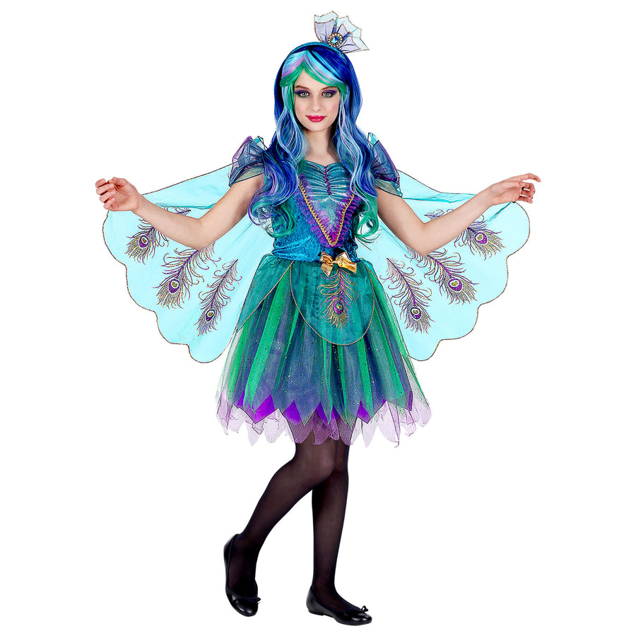 "PFAU" (Kleid mit Pfauenfeder Schleier, Kopfschmuck) – Vorderansicht