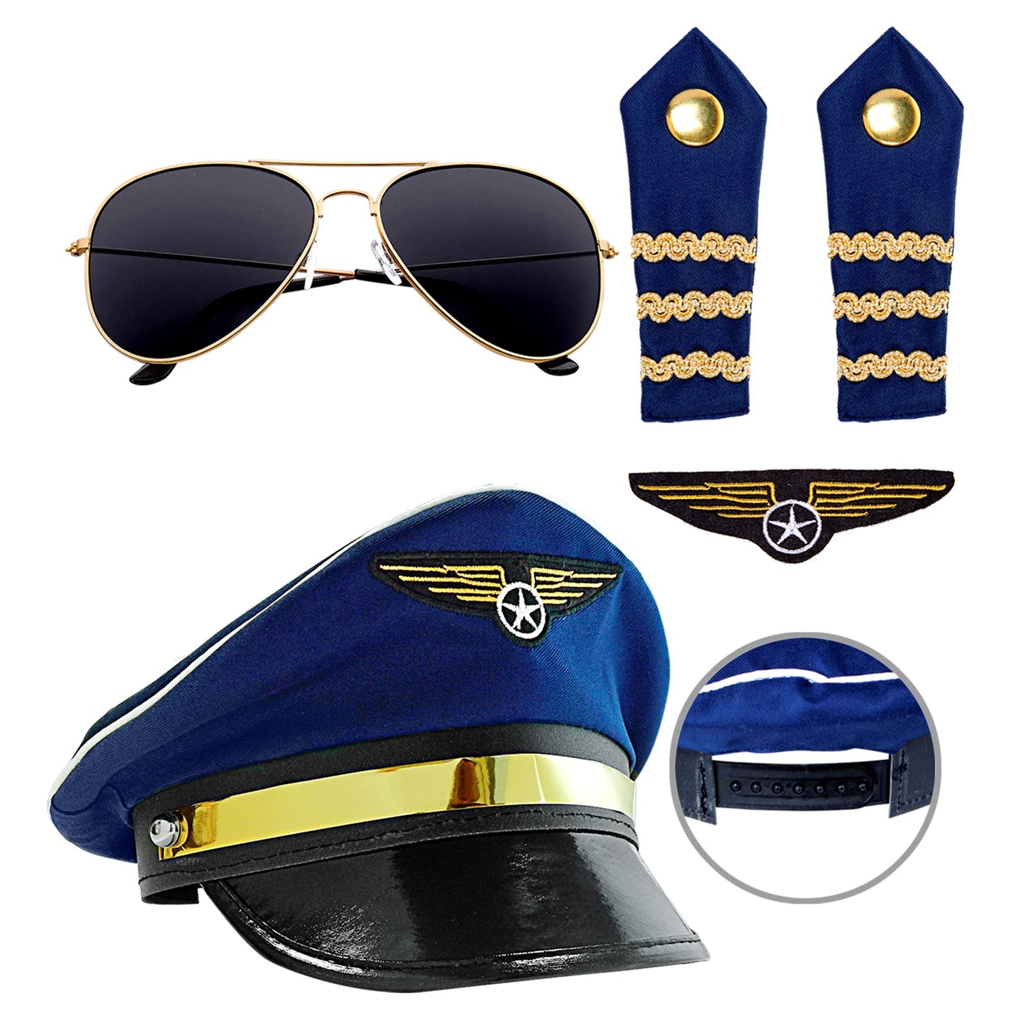 Widmann Piloten Set mit Mütze, Sonnenbrille, Schulterklappe und Abzeichen – Produktansicht