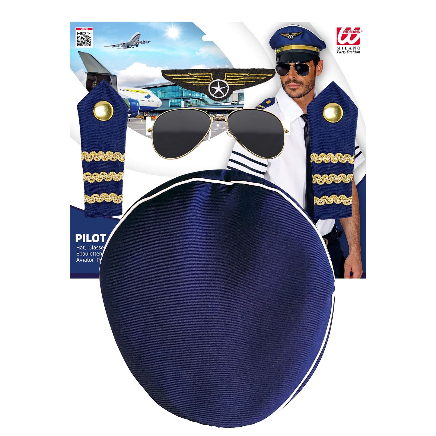 Widmann Piloten Set mit Mütze, Sonnenbrille, Schulterklappe und Abzeichen – Detailansicht