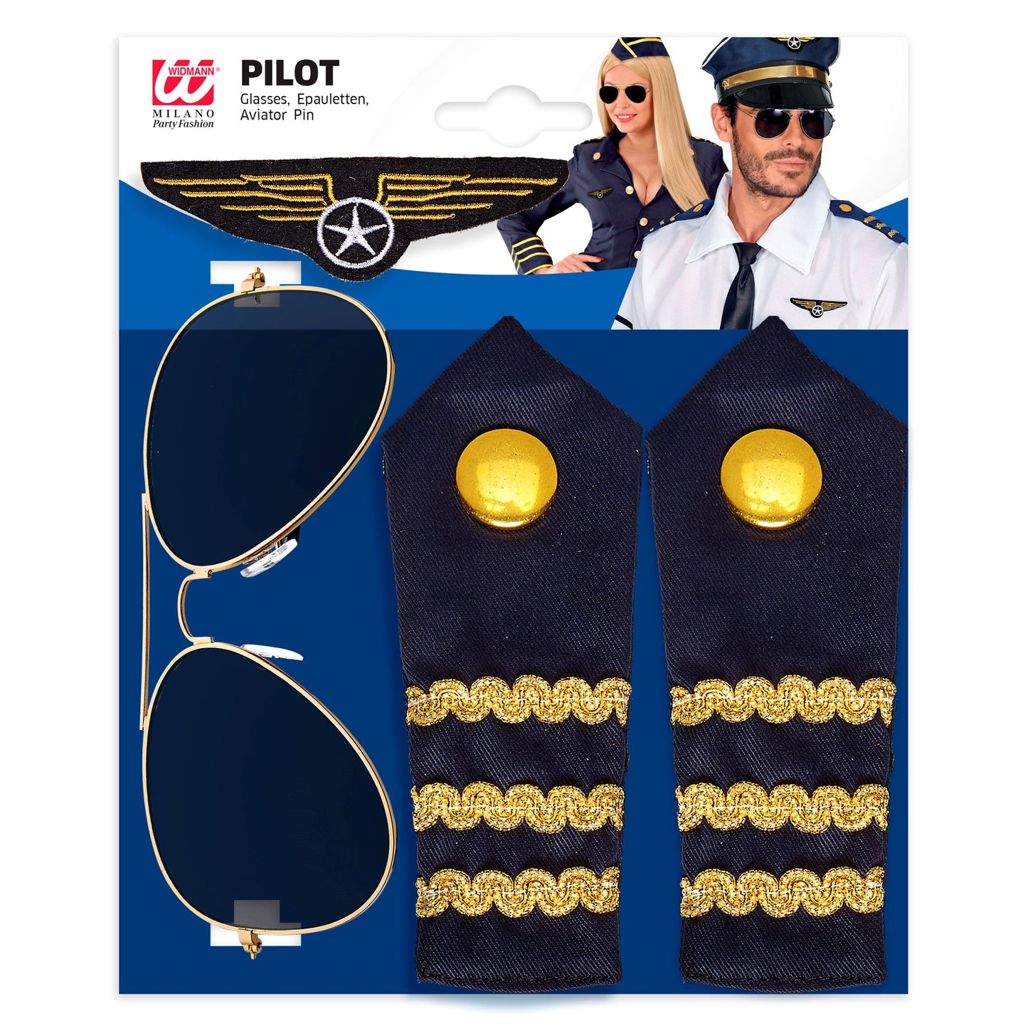 Widmann Piloten Set mit Sonnenbrille, Schulterklappe und Abzeichen – Detailansicht