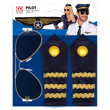 Widmann Piloten Set mit Sonnenbrille, Schulterklappe und Abzeichen – Detailansicht