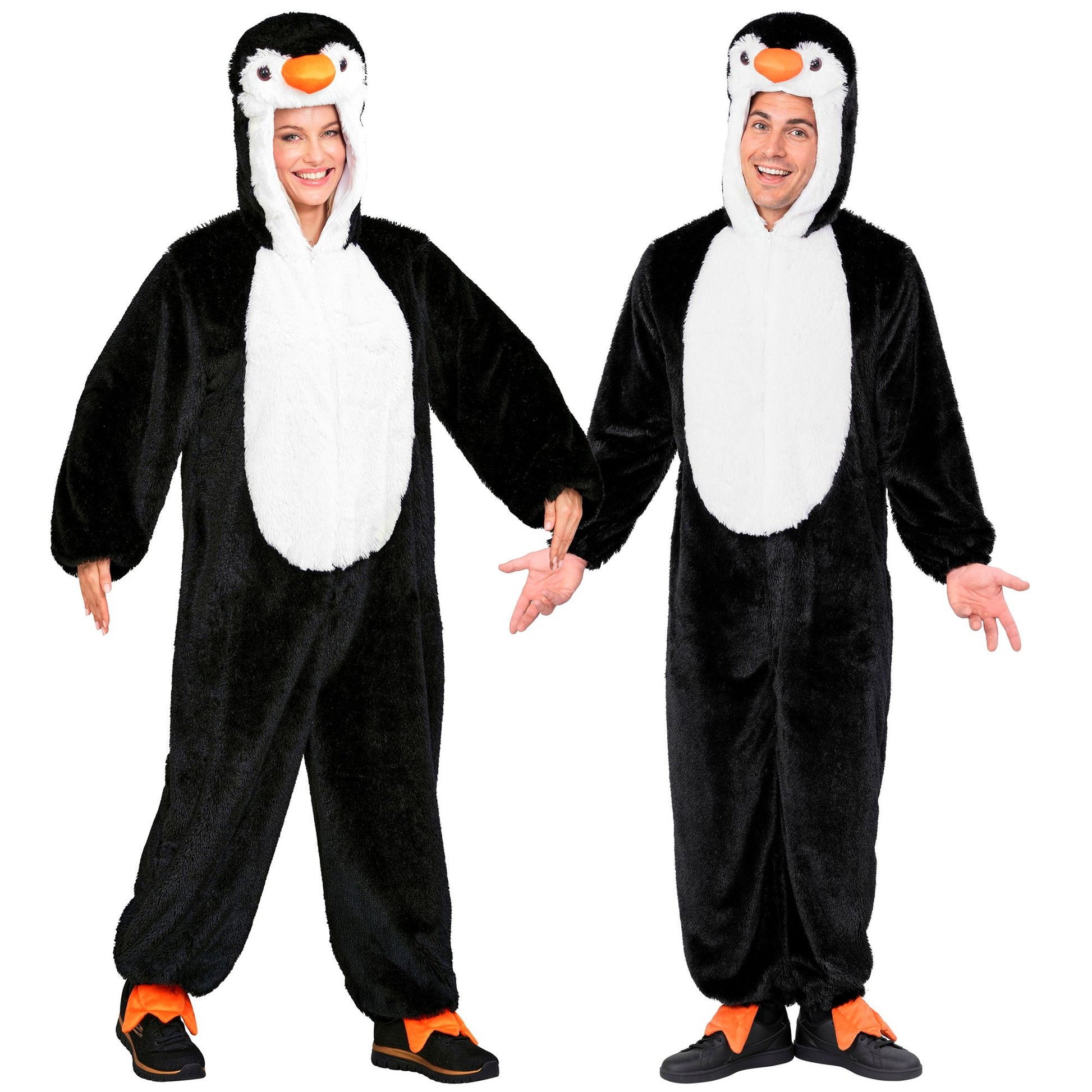"PINGUIN EXTRA WEICHES PLÜSCHKOSTÜM" (Overall mit Kapuze) – Vorderansicht
