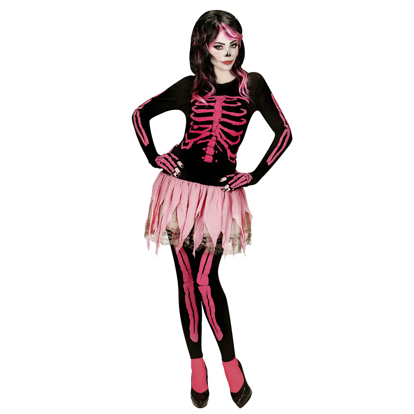 "PINK SKELETT" (Shirt, Hose,Ballettröckchen, fingerlose Handschuhe) – Detailansicht