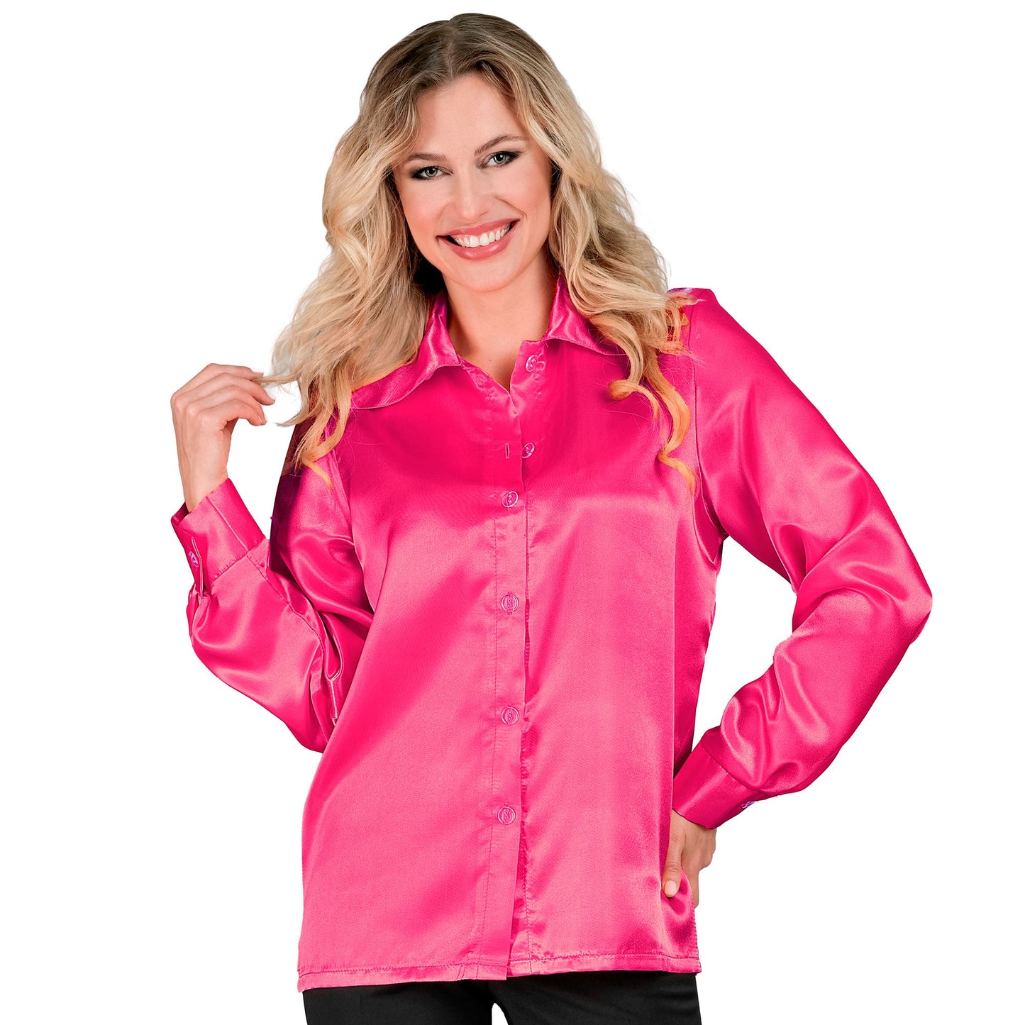"PINKE 70s DISCO BLUSE" aus Satin – Vorderansicht