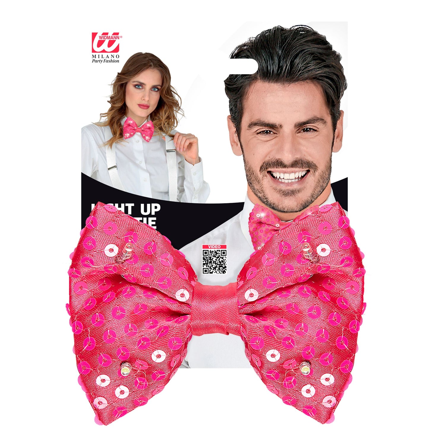 "PINKE PAILLETTENFLIEGE MIT 4 LED LICHTERN" regulierbar – Detailansicht