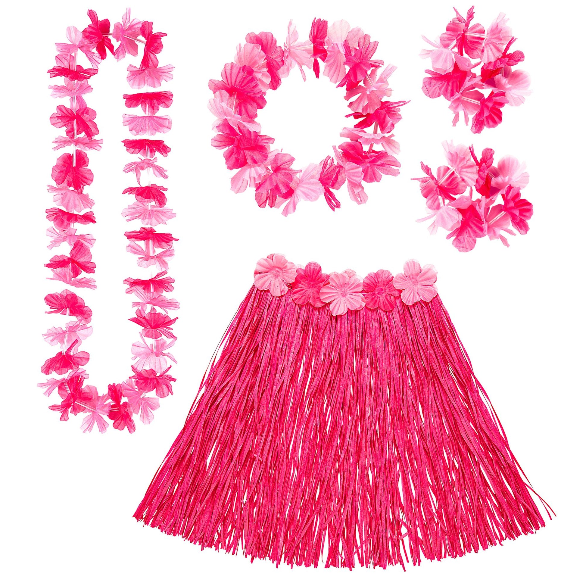 "PINKES HAWAII-SET" (Bastrock mit Blumengürtel, Halskette, Stirnband, 2 Armbänder) – Vorderansicht