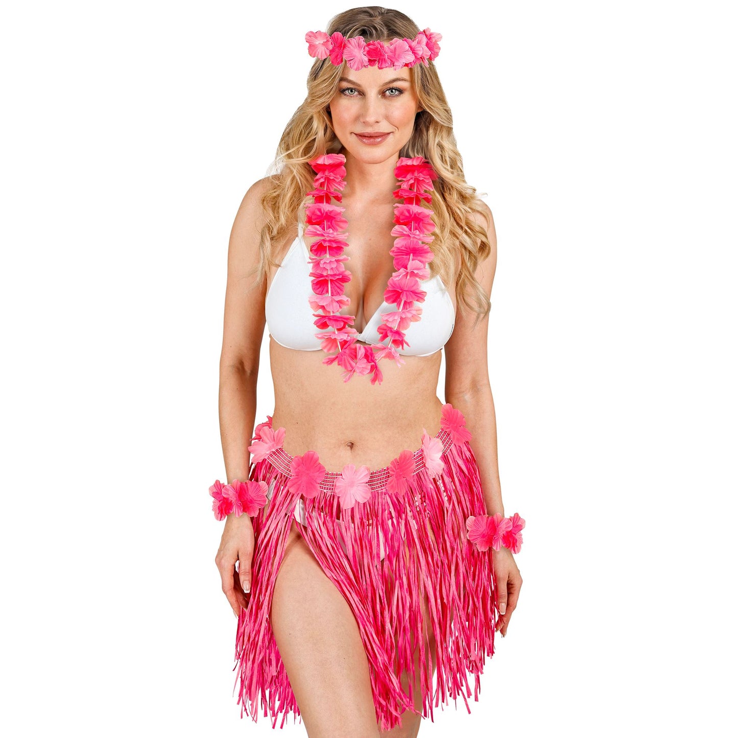 "PINKES HAWAII-SET" (Bastrock mit Blumengürtel, Halskette, Stirnband, 2 Armbänder) – Detailansicht