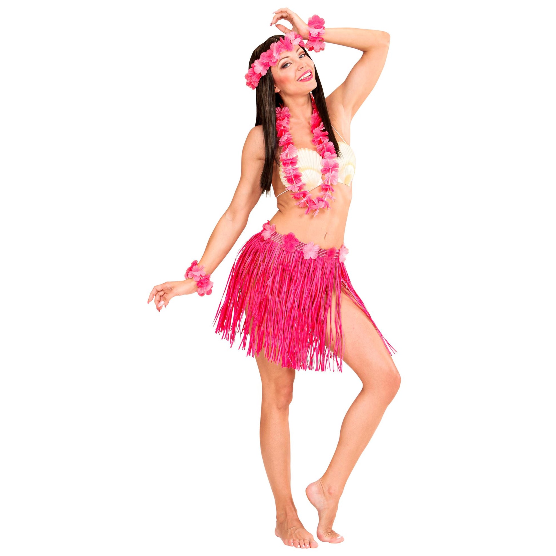 "PINKES HAWAII-SET" (Bastrock mit Blumengürtel, Halskette, Stirnband, 2 Armbänder) – Ansicht 3