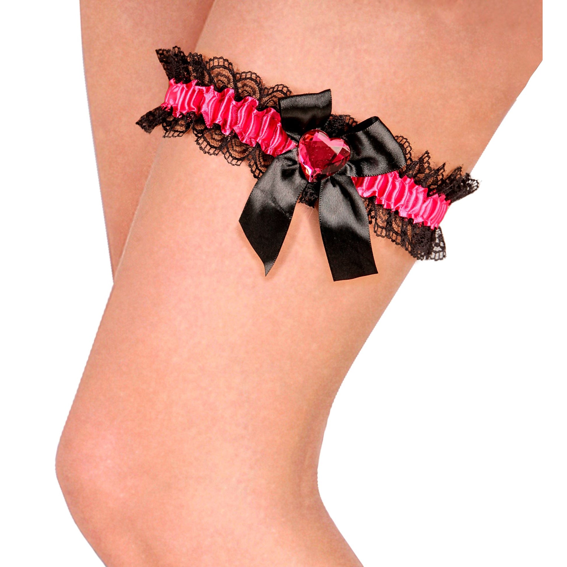 "PINKES STRUMPFBAND MIT SCHLEIFE UND PINKEM HERZJUWEL" – Vorderansicht