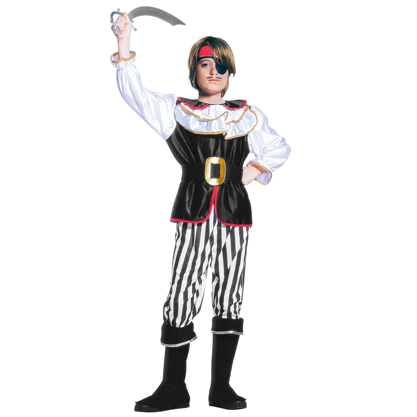 "PIRAT" (Coat mit Jabot, Hose, Gürtel, Überstiefel, Kopftuch, Augenklappe) – Vorderansicht