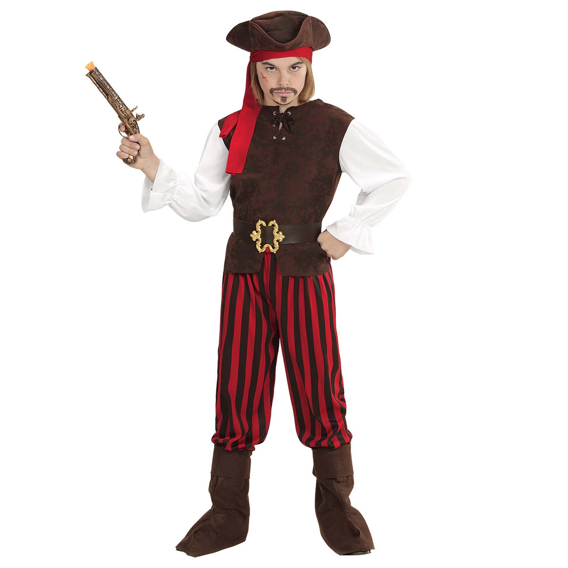 "PIRAT DER KARIBIK" (Hemd mit Weste, Hose, Gürtel, Stiefelüberzieher, Stirnband, Hut) – Vorderansicht
