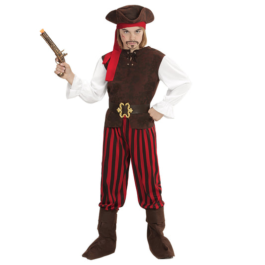 "PIRAT DER KARIBIK" (Hemd mit Weste, Hose, Gürtel, Stiefelüberzieher, Stirnband, Hut) – Vorderansicht