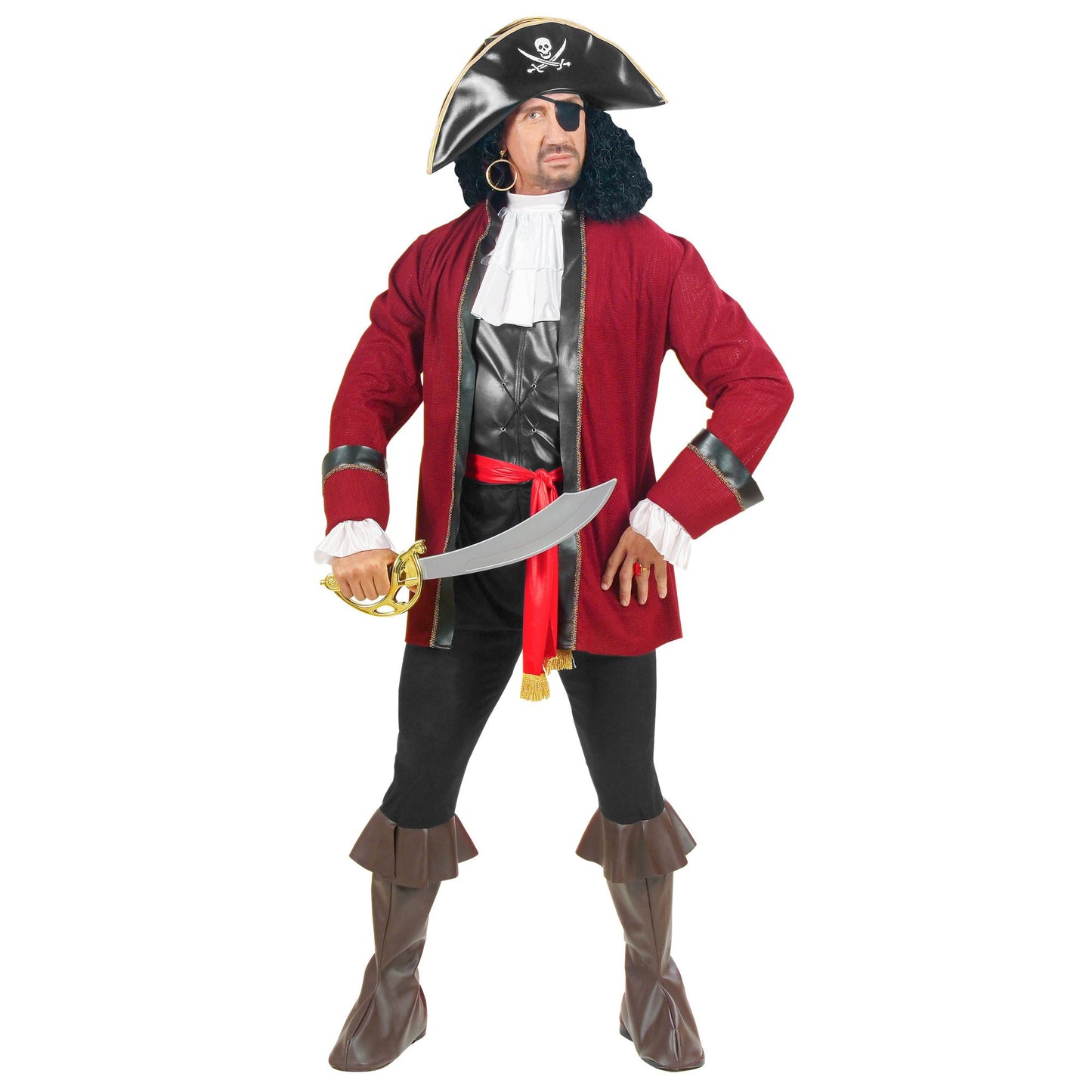 "PIRAT DER SCHATZINSEL" (Kasack, Weste mit Jabot, Hose mit Stiefelüberziehern, Gürtel, Hut, Augenklappe) – Vorderansicht