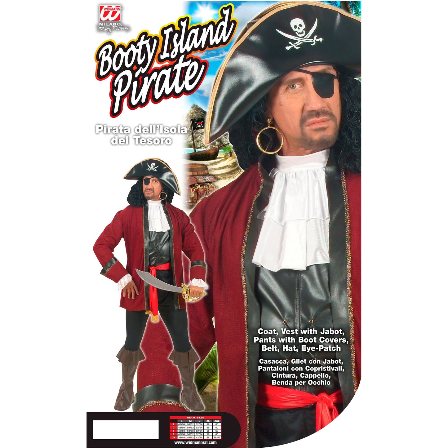 "PIRAT DER SCHATZINSEL" (Kasack, Weste mit Jabot, Hose mit Stiefelüberziehern, Gürtel, Hut, Augenklappe) – Detailansicht