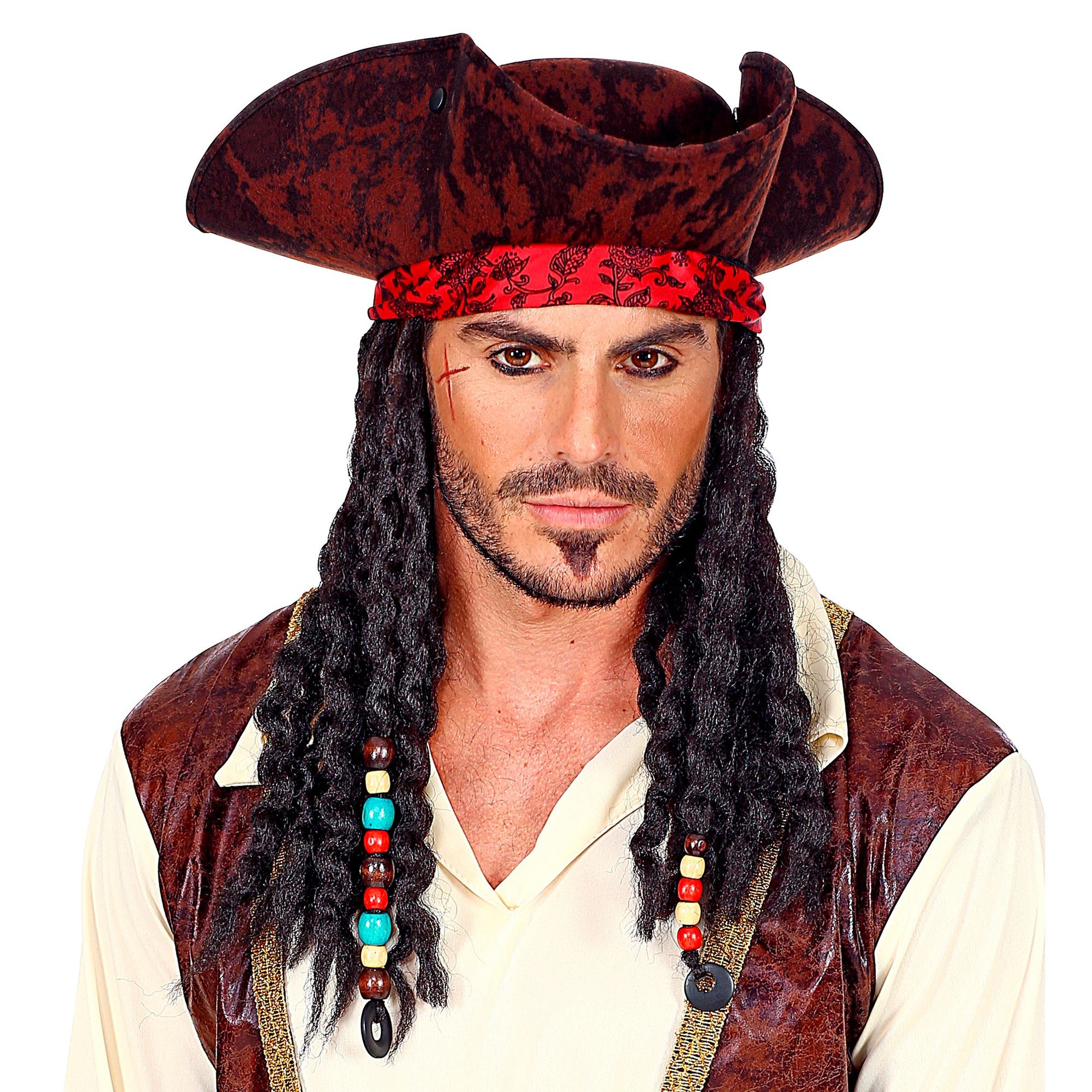 "PIRAT DREISPITZ MIT BANDANA & DREADLOCKS" Vintage Lederoptik – Detailansicht