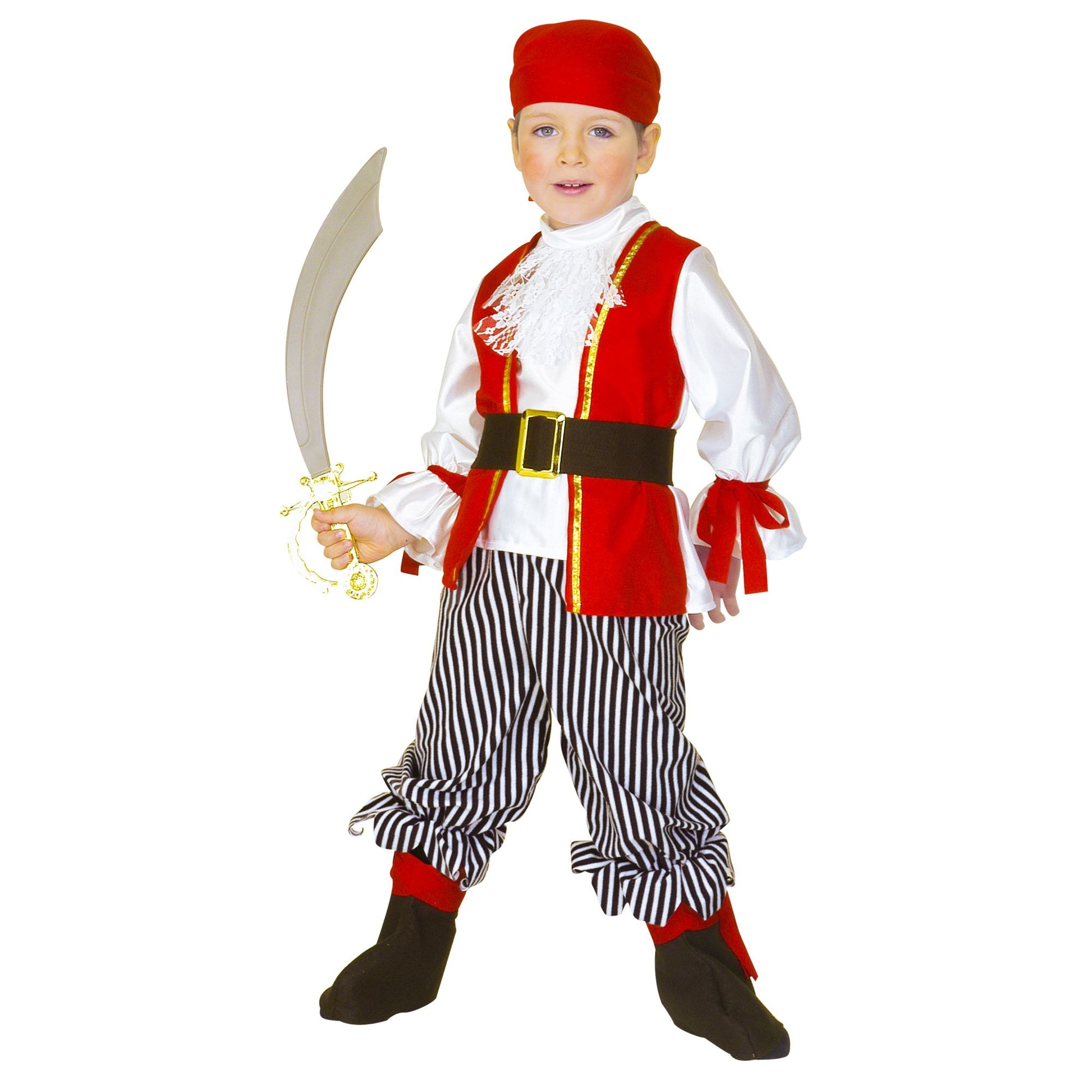 "PIRAT" (Hemd mit Weste, Hose, Gürtel, Überstiefel, Kopftuch) – Vorderansicht
