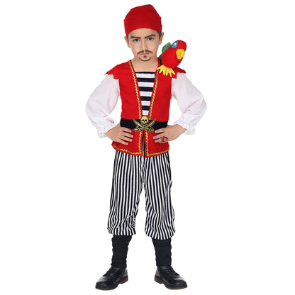 "PIRAT" (Hemd mit Weste und Gürtel, Hose, Papagei, Halstuch) – Vorderansicht