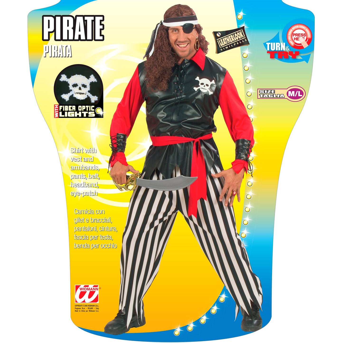 "PIRAT" (Hemd mit Weste und leuchtendem Totenkopf, Armbänder, Hose, Gürtel, Kopftuch, Augenklappe) – Detailansicht