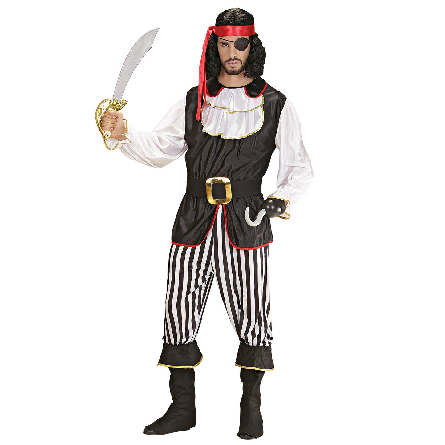"PIRAT" (Kasack mit Jabot, Hose, Gürtel, Stiefelüberzieher, Haarband) – Vorderansicht