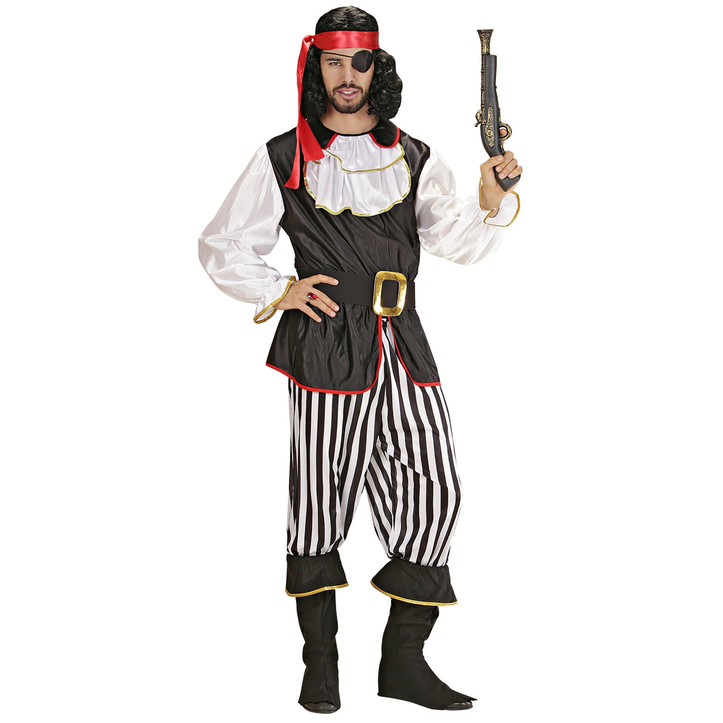 "PIRAT" (Kasack mit Jabot, Hose, Gürtel, Stiefelüberzieher, Haarband) – Detailansicht