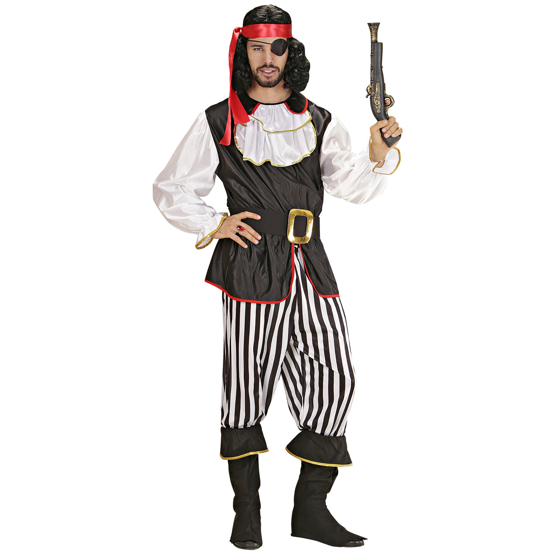"PIRAT" (Kasack mit Jabot, Hose, Gürtel, Stiefelüberzieher, Haarband) – Detailansicht