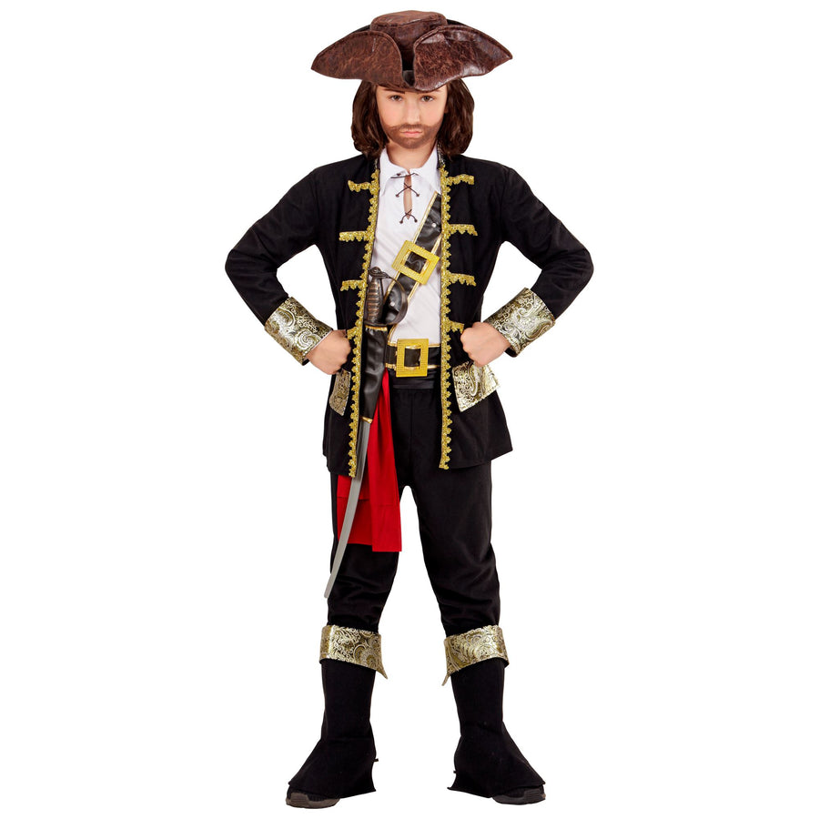 "PIRATEN KAPITÄN" (Jacke, Hemd, Hose, Gürtel, Schwerthalter mit Schnalle, Hut, Schuhüberzieher) – Vorderansicht