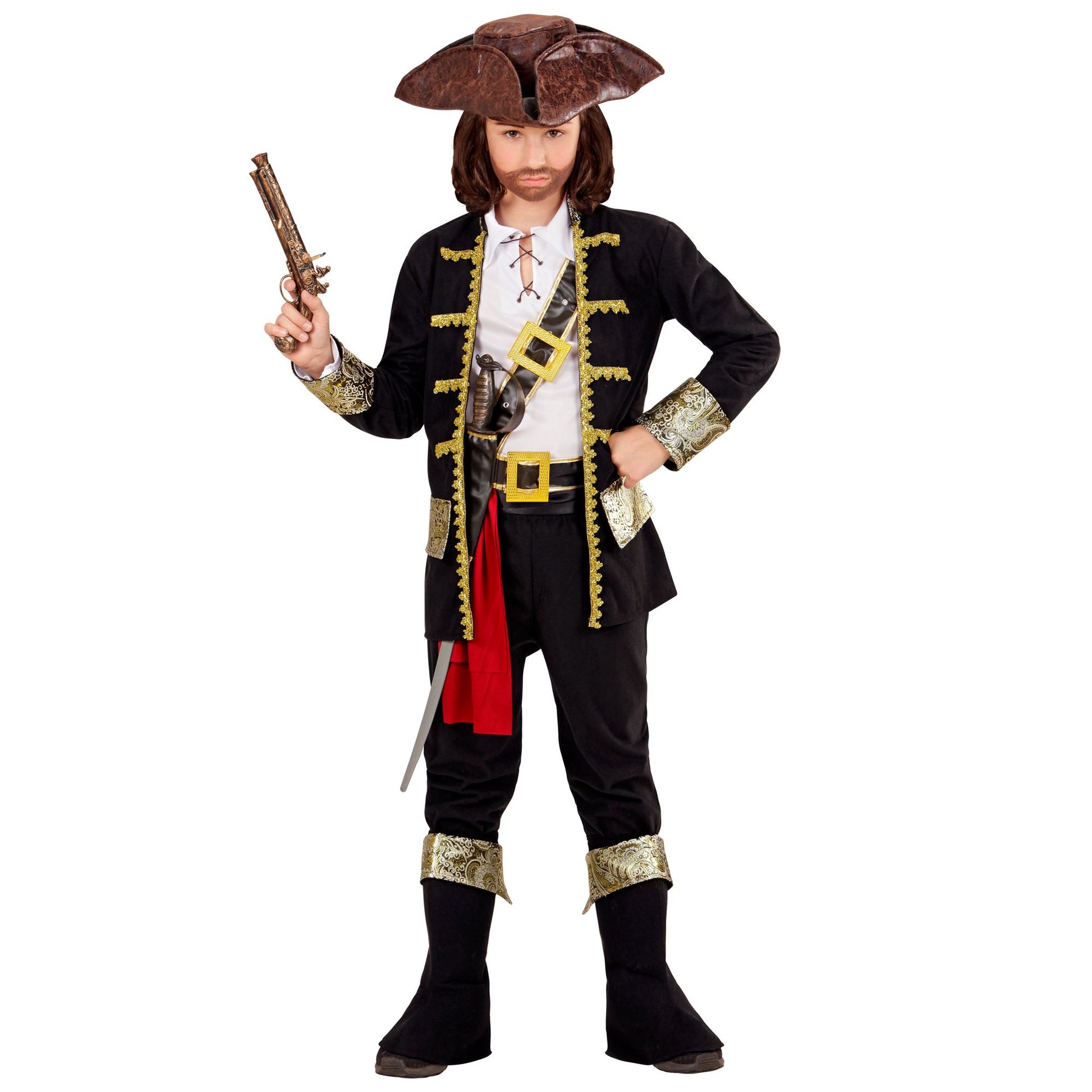 "PIRATEN KAPITÄN" (Jacke, Hemd, Hose, Gürtel, Schwerthalter mit Schnalle, Hut, Schuhüberzieher) – Detailansicht