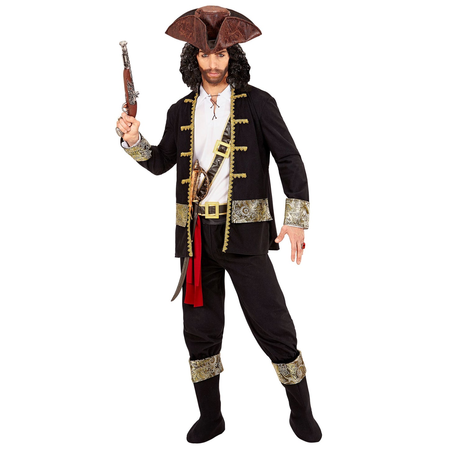 "PIRATEN KAPITÄN" (Mantel, Hemd, Hose, Gürtel, Schwerthalter mit Schnalle, Hut, Schuhüberzieher) – Vorderansicht
