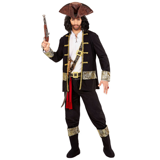 "PIRATEN KAPITÄN" (Mantel, Hemd, Hose, Gürtel, Schwerthalter mit Schnalle, Hut, Schuhüberzieher) – Vorderansicht