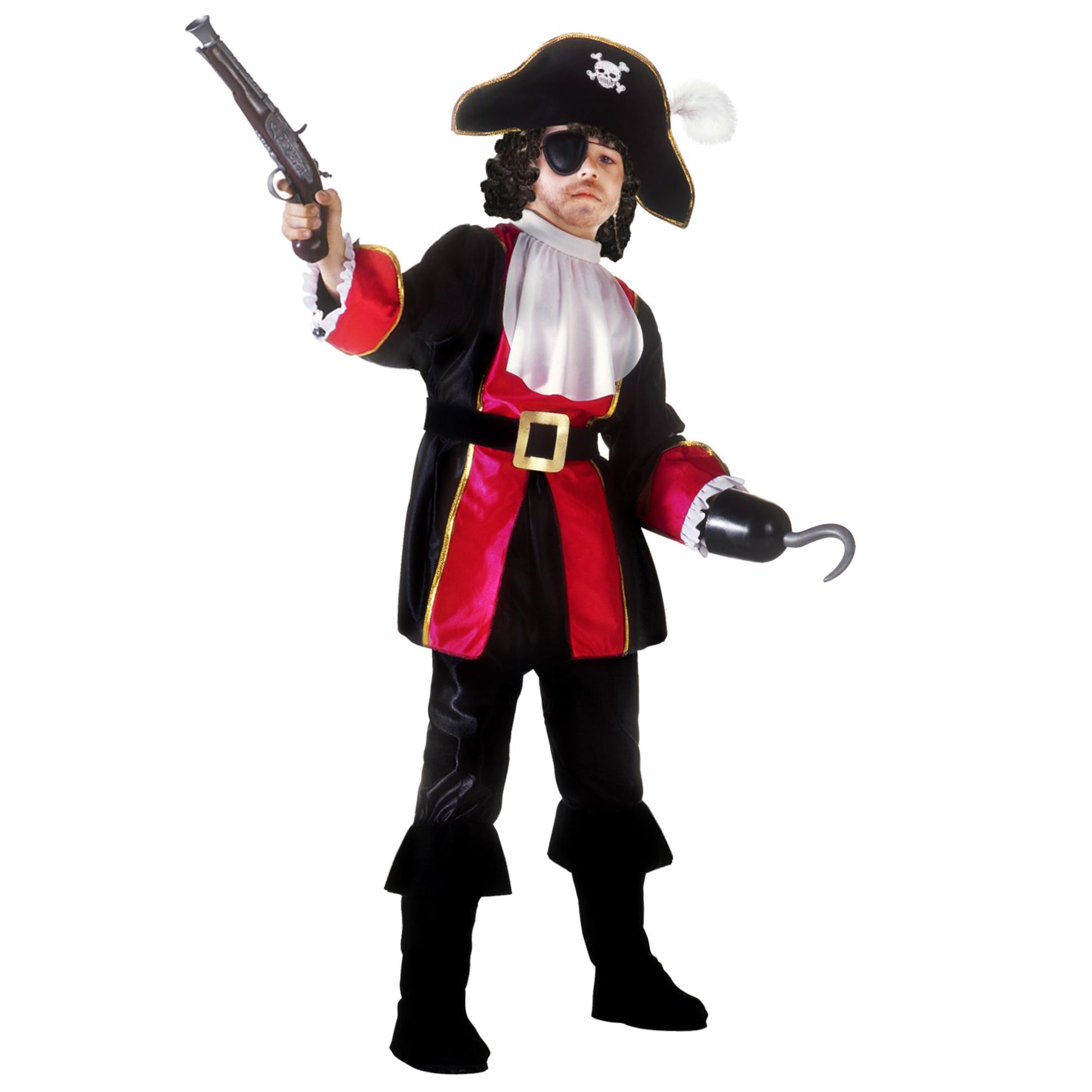 "PIRATENKAPITÄN" (Coat, Jabot, Hose mit Überstiefeln, Gürtel, Hut, Augenklappe) – Vorderansicht