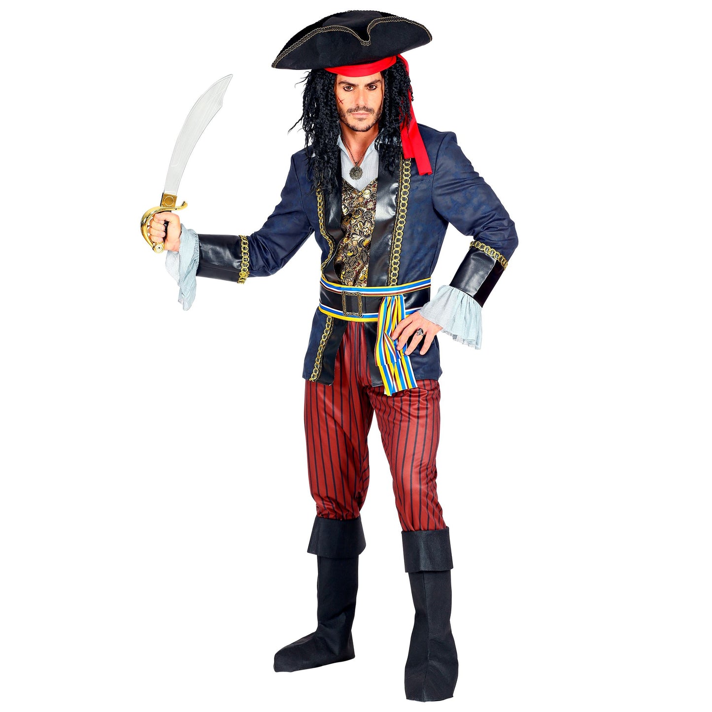 "PIRATENKAPITÄN" (Jacke mit Weste & Hemd, Hose, Gürtel mit Schnalle & Schärpe, Stiefelüberzieher, Hut mit Bandana) – Vorderansicht