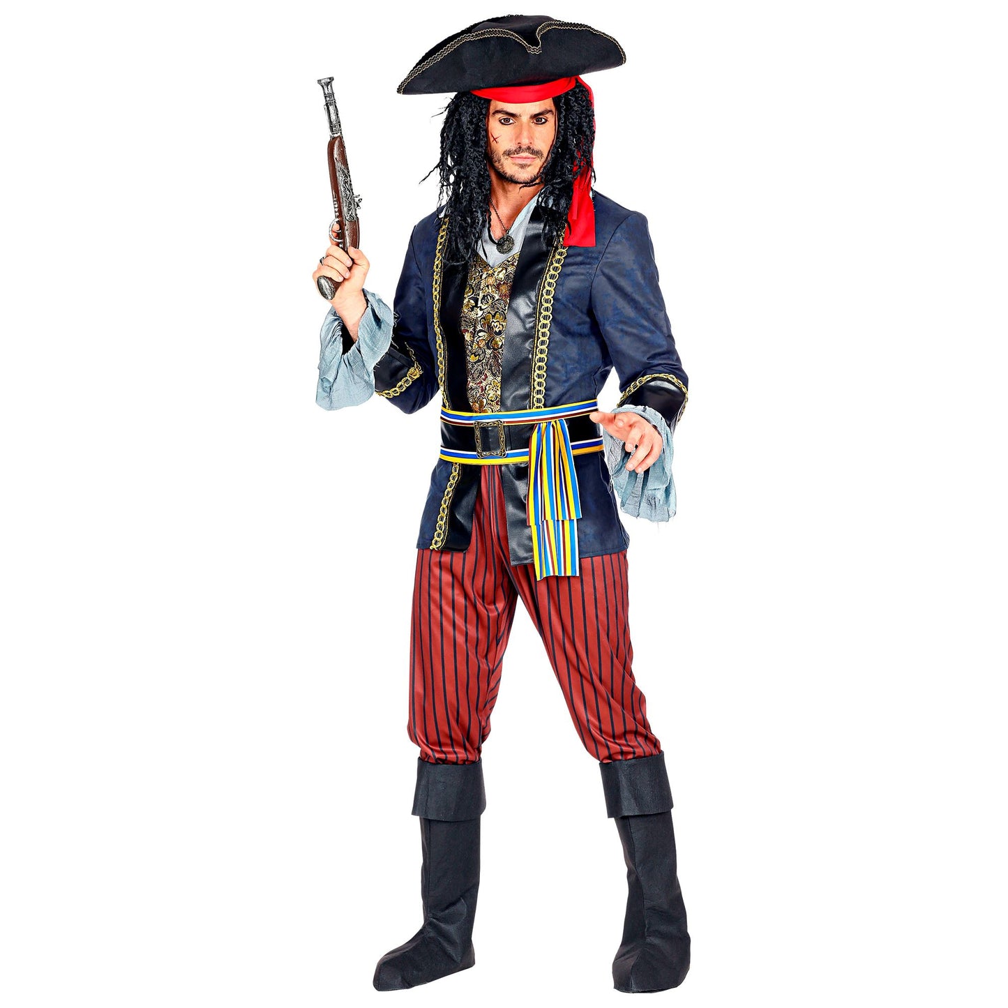 "PIRATENKAPITÄN" (Jacke mit Weste & Hemd, Hose, Gürtel mit Schnalle & Schärpe, Stiefelüberzieher, Hut mit Bandana) – Detailansicht